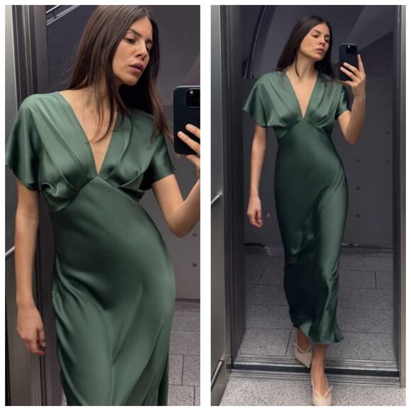 Zara Dresses & Skirts - NWT Zara Green Satin Slip Midi Dress Sz Large Short Sleeve Cocktail Quiet Luxury